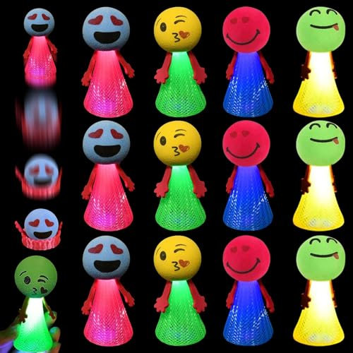 JOKILY 12 Stück LED Feder Leucht Springendes Spielzeug, LED Leuchtspielzeug Kinder, Mitgebsel kindergeburtstag, Springbälle Hüpfball, Kindergeburtstag Mitgebsel Set,Emoticons Puppen für Kinder