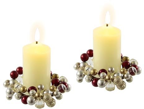 LED-Kerze aus Echtwachs mit Kranz 2er Set elektrische Kerze Warmweiß Stimmungslicht Lichter Dekoration Stumpenkerze große Adventskerzen Adventskranz Kranz romantisch Valentinstag, rot/gold, 2er Set