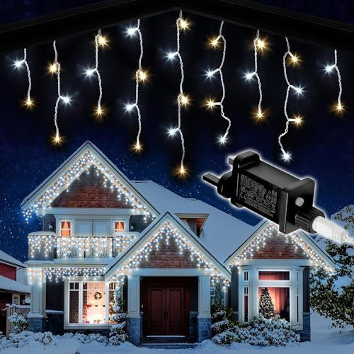 SHATCHI 1200LEDs Waterfall Icicle Christmas Lights Warm and Cool White - Multifunction 8 Modes, Timer Clear Cable Indoor/Outdoor Low Voltage Waterproof Curtain Light Christmas Decoration