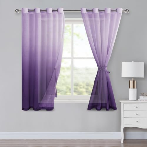 XWZO Voile Gardinen mit Ösen Vorhänge Farbverlauf Vorhang Sheer Ombre Gardinen 2 er Set für Schlafzimmer und Wohnzimmer Schlaufengardinen mit Raffhalter H145xB140cm Lila