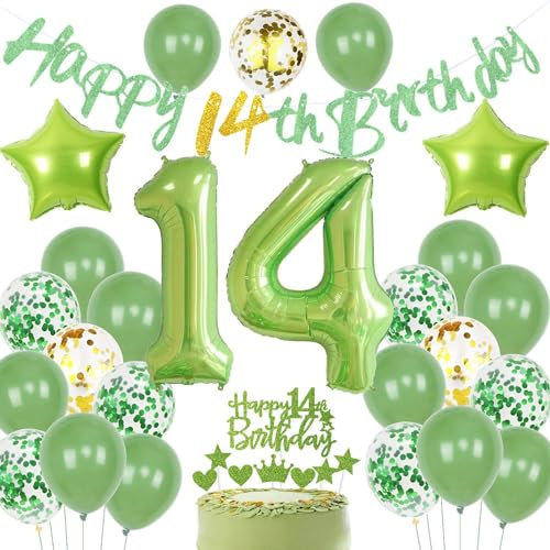 Grün Geburtstagsdeko 14 Junge Mädchen - Luftballons und Party Deko für 14. Geburtstag - Ballon Set für Jungen und Mädchen