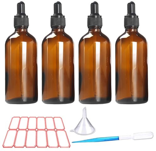 ToKinCen Amber Glass Bottle with Glass Dropper Pipette,4x100ml Dropper Bottles Refillable Dropper Pipette, Reusable,for Storage Aromatherapy Blends,Essential Oils,Perfumes