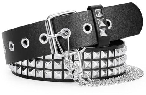 WERFORU Leder Nietengürtel mit Kette Punk Rock Metall Nietengürtel für Damen Herren Punk Gothic Ledergürtel mit Kette Schwarz