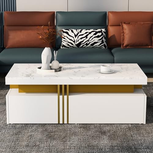 Merax Coffee Table with Marble Pattern Top, Rectangular Side Table, 2 Wooden Drawers and 4 Open Storage Areas, Modern Coffee Tables for Living Room, White, 100x50x40cm