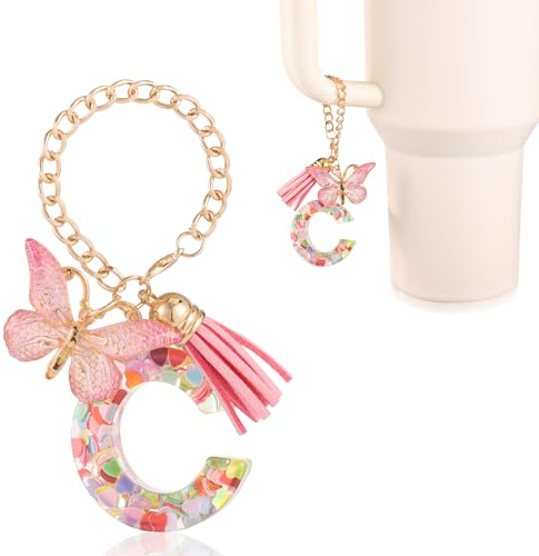 lasuroa Letter Charms Cup Accessories, Cute Alphabet Tumbler Decoration Mug Handle Charms Decor Chains with Butterfly for Stanley Tumblers Women Girls Gift (C)