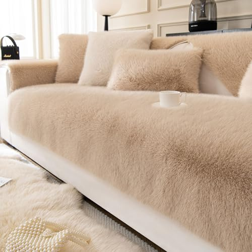 ShowyLive Samt Sofa überzug 1/2/3/4 Sitzer L Form Couch Überzug Ecksofa rutschfest Hund Katze -Antirutsch, Anti Slip Sofabezug Sofa Überwurf (Khaki, 90 * 210CM)