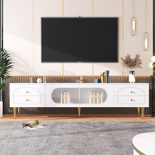 Soweiz Mobile TV lowboard con ante strutturate, mobile TV con cassetti, scomparti aperti, maniglie dorate e piedini dorati (bianco, 175 x 45 x 35 cm)