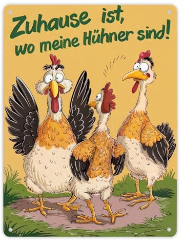 Zuhause ist, wo meine Hühner sind! Metallschild XL in 21x28 cm Hühnern Humorvolle Szene mit Hühnern und ihrem lustigen überraschten Gesichtsausdruck Hühnerstall