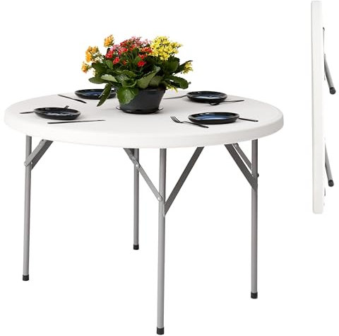 Round Folding Table with Parasol Hole - Plastic Portable Sturdy Fold Up Table White 43.3'' x 29.1'' (110 x74 cm) for Indoor Outdoor Use, Garden Party, BBQs, Picnic, Banquet Outing & Family Gatherings