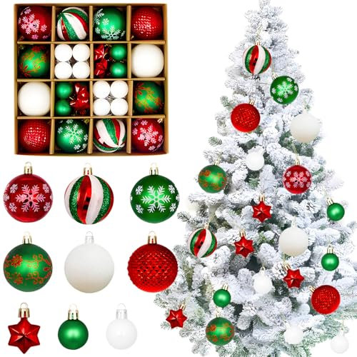 Jemmytu 44 Stück Weihnachtskugeln Rot Weiß Grün, Weihnachtsbaumschmuck, Weihnachtskugeln Kunststoff, Christbaumkugeln, Christbaumkugeln Kunststoff mit Lanyard(Weiß+Rot+Grün)