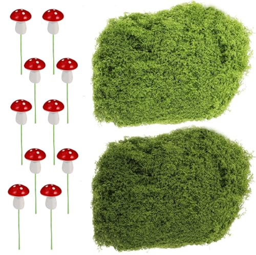 200g Lebensechtes Kunstmoos, Wiederverwendbar Basteln Fake Moos, Faserig Gebogene Moos, Dekoratives Grasmoos, Künstliches Islandmoos, Gefälschtes Deko Moos mit 10 Kunstpilzen für Zuhause Garten