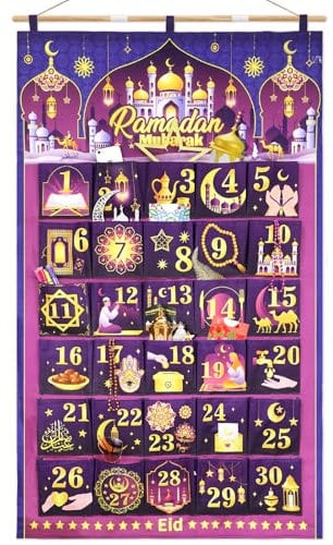 DPKOW Ramadan Kalender zum Befüllen Stoff, 2025 Ramadan Adventskalender zum Aufhängen Wand Tür, Kalender zum Ramadan Bayram Geschenke mit 30 Säckchen Wiederverwendbar, Lila Gold