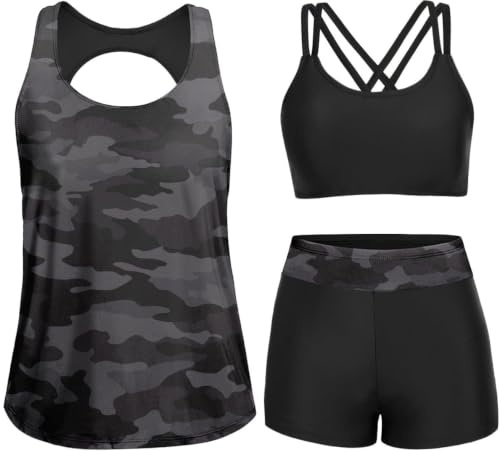 Yonique Women's Tankini Two Piece Swimsuit | Breathable sports bra with open back, spaghetti strap, scoop neck, removable pads