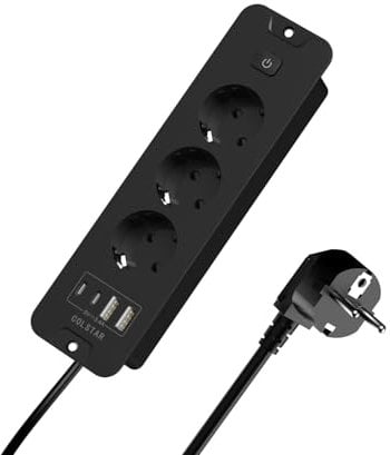 Tischplatte Versenkbare Steckdose mit 2 USB und 2 Type-C, 3 Fach Einbausteckdose, 16 A Tischsteckdose Steckdosenleiste, 2 m Kabel, Mehrfachsteckdose Verteilersteckdose (Schwarz)