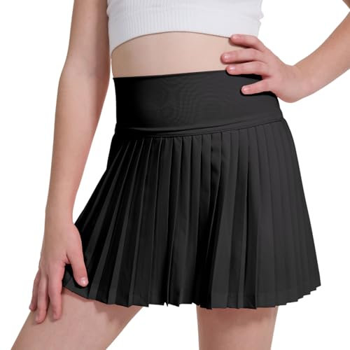 zffriction Röcke Mädchen Tennisrock mit Taschen Innenhose Kinder Golf Skorts Plissierter Skater Sportrock Minirock Schuluniform (DE/NL/SE/PL, Alter, 10 Jahre, 12 Jahre, Regular, Schwarz)