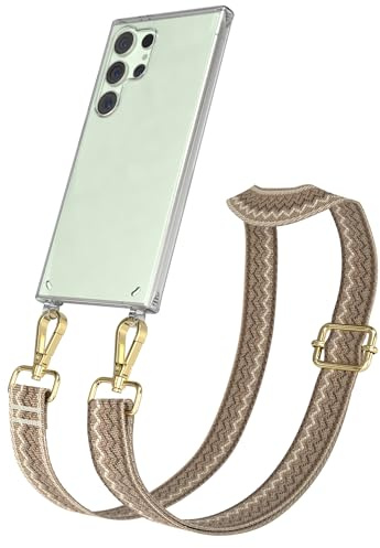 EAZY CASE Handykette - Verstellbares Taschenband kompatibel mit Galaxy S24 Ultra, Schulterriemen, Handykordel mit Silikon Hülle, Umhängetasche, Hell Braun Braun Gold