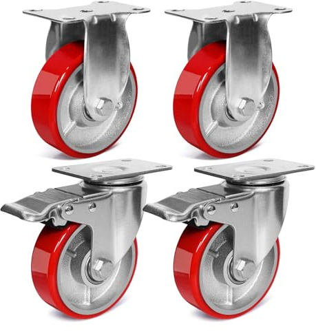 4 Inch Heavy Duty Casters, Swivel Caster Wheels, Polyurethane on Steel Wheel- Casters Set of 4 with 2000 lb Capacity, Caster Wheels for Furniture Workbench Cart (2 Brake & 2 Rigid)