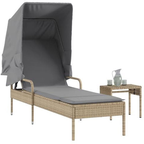 Xichuzi Sonnenliege mit Dach und Tisch Beige Poly Rattan, Gartenliege, Liegestuhl, Sonnenstuhl, Sonneninsel Outdoor, Liegen, Gartenmöbel, Bäderliege, Relaxliege - 368200