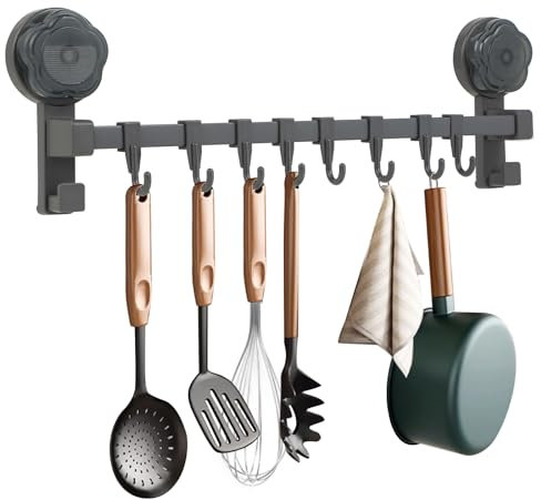 Colgador Utensilios Cocina - Barra Cocina para Colgar Utensilios, 40 cm, 8 Ganchos Móviles con Ventosa, Sin Taladro, Instalación Fácil, Alta Carga, para Cocina, Baño, Balcón