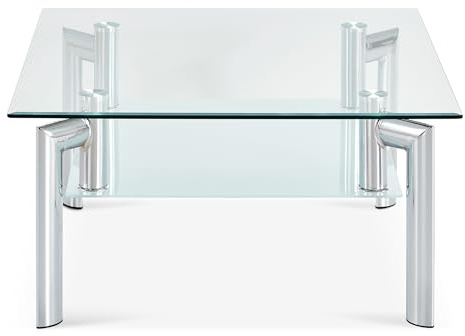 KHG Couchtisch verchromt 4-Fuß Metalllgestell Sicherheitsglas Tischplatte | Sicherheitsglas gefrostet Ablageplatte, für Wohnraum und Alltag, stabil und pflegeleicht, vielseitig kombinierbar