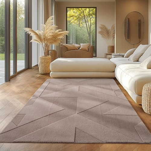 SIMPEX Boho Teppich mit Geometrischem Design, Einfarbig Beige 140x200 cm, Deko Teppich, Waschbar mit 3D-Effekt für Wohnzimmer und Schlafzimmer