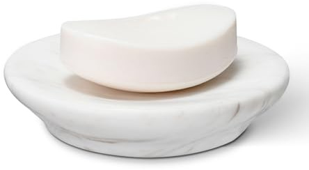 HAMAKAWA Jabonera de mármol natural, plato redondo blanco de 4.5 pulgadas, soporte de jabón de ducha de piedra caliza, soporte moderno de esponja de piedra con borde biselado, bandeja de ahorro de