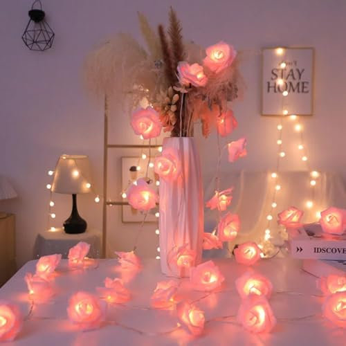 Rosen Lichterkette Batterie, 3M 20 LED Rosen Lichterketten mit Blättern, Hochzeitsdeko Romantische Rosa Rose Lichterkette Innen, Lichterketten für Hochzeit Schlafzimmer Weihnachten Deko Aesthetic