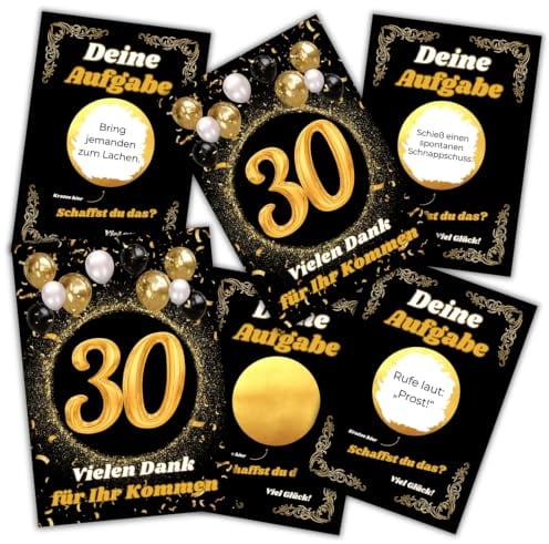 Rubbelkarten zum 30. Geburtstag für Erwachsene – 15 Karten mit Rubbelaufklebern – 10 lustige Aufgaben + 5 zum Selbstbeschriften – Geburtstagsspiel, Partyspiel & Geschenkidee für Gäste und Freunde