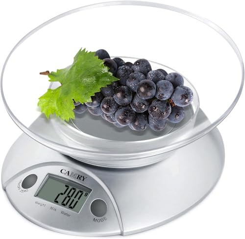 CAMRY Digital Kitchen Scales with Bowl Electronic Food Weight Scales 0.6L Bowl Liquids in ml and fl. Oz. Tare Function LCD Display Easy Storage, 5kg/11lb, 2xAAA Batteries(Included)-Silver