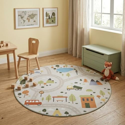 FRAAI | Home & Living Auto Spielteppich Rund - Rocky Ride Grau - Ø 80 cm - Figuren/Charactere - Krabbeldecke - Spielmatte - Kinderzimmer, Babyzimmer - Jungen - Mädchen - Autoteppich Kinder