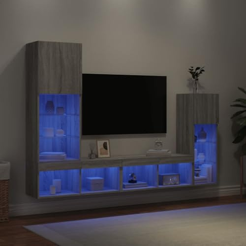 EMYRLXQW 4-teilige TV-Wohnwand mit LED grau Sonoma Holzwerkstoff