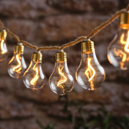 Lights4fun Set of 10 Natural Rope Outdoor Battery Festoon Lights with Warm White LEDs, Garden String Lights for Patios & Parties
