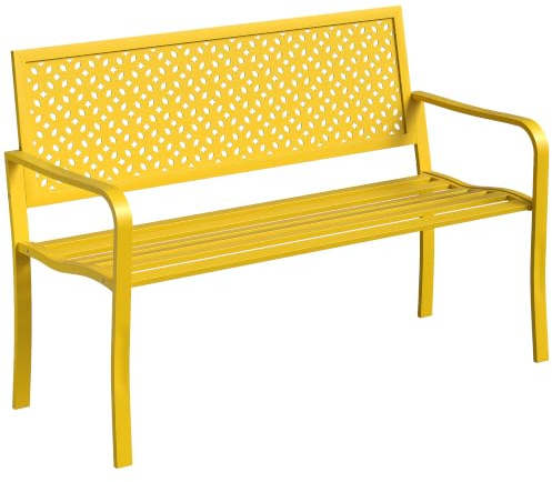 Outsunny Gartenbank 2-Sitzer Metall Wetterfest 127x61x85cm Gelb | Outdoor Sitzbank, Rostbeständige Rückenlehne, Lamelldesign, Geometrische Balkonbank, Bis 240kg, Gartenmöbel, Parkbank