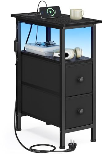 SONGMICS Nachttisch mit Steckdosen und USB, 2 Stoffschubladen | Schmaler Beistelltisch mit LED Beleuchtung, 21,6 x 46 x 60,4 cm, Tintenschwarz, BELLAH Kollektion LGS002B102