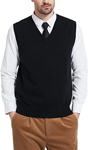 Kallspin Men's Wool Blended Vest Sweater Relaxed Fit V Neck Sleeveless Knitted Pullover (Black, X-Large)