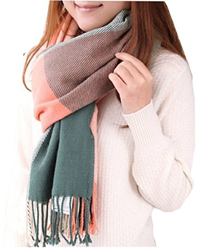 heekpek Damen Kariert Oversized Kaschmir Schal Lange Winterschal Weich Wraps Groß Karo Fransen Schal Warm Schal für Herbst Winter, Rosa grün