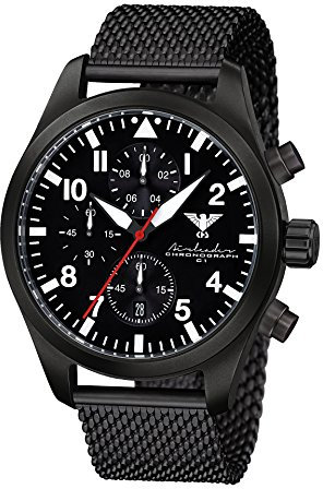 Airleader Black Steel Chronograph KHS.AIRBSC.MB Edelstahl IP-beschichtet schwarz, Meshband, KHS Tactical Watch, Einsatzuhr, Fliegeruhr