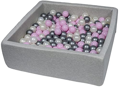 Velinda Bällebad Ballpool Kugelbad Bällchenbad Kinder-Pool mit 200 Bällen/90x90cm (Farbe der Bälle: perlweiß, rosa, silberfarben)