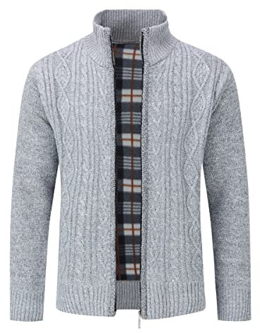 Mens Knitted Cardigan Thick Sweater Full Zip Wool Stand Collar Cardigans Coat Fleece Lined Long Sleeve Cardigan, Light Grey, L