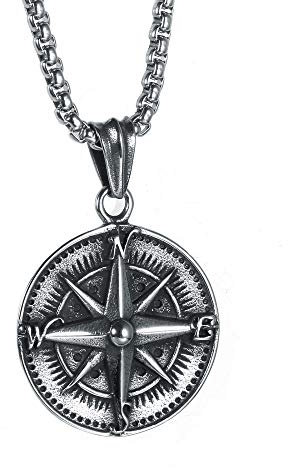 PAURO Herren Halskette Edelstahl Vintage Runden Kompass Anhänger Punk Silber Schwarz mit Kette