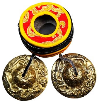 Gandhanra Set di Campane Tibetana Tingsha Tibetano - Cimbali Piatti Piattini da dita Tibetani - Fatti a Mano in Nepal - Ottone, Drago, 6,5 cm