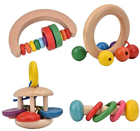 4 stücke Holz Rasseln Baby Holz Erfassen Spielzeug Säuglings frühe pädagogische Musikinstrument Puzzle Spielzeug für Kleinkinder und Mädchen über 12 Monaten