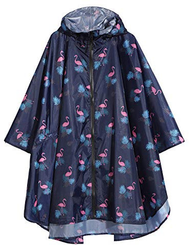 Damen Regen Poncho stilvolle wasserdichte Regenmantel mit Kapuze Reißverschluss (tiefblauer Flamingo)