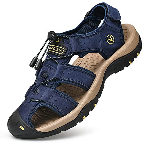 Unitysow Sandales de Marche Homme Bout Fermé Cuir Extérieur Sport Trekking Randonnée Été Nu Pied Plage 39-46, Bleu, Taille 42