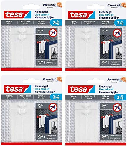 tesa 77776-00000-00 Klebenagel für Tapeten und Putz/Selbstklebende Nägel für empfindliche Oberflächen/Leicht anzubringen und zu entfernen-rückstandslos / 2 x 2kg Halteleistung, 2 Kg, 2 Stück (4)
