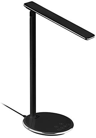 JUNKER Lighting LED Tischleuchte USB (Aluminiumlegierung, schwarz, 5W, 2800K-5600K, dimmbar, neigbar, ohne Netzteil) Schreibtischleuchte mit kabelloser Qi Ladefunktion für Smartphones