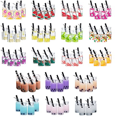 NBEADS 72 Pcs Resin Bottle Charms, Drink Glass Bottle Pendant Imitation Fruit Juice Tea Charms with Iron Findings for Earrings Jewelry Making Key Chain