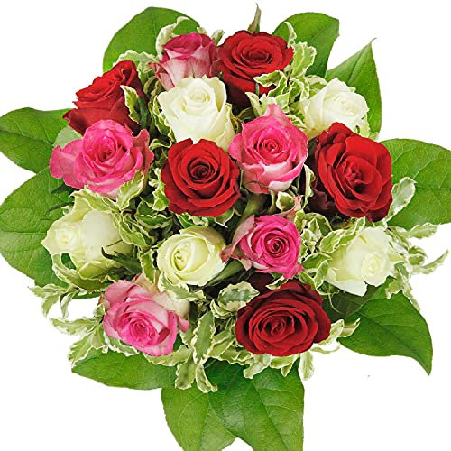 Blumenstrauß mit 15 Rosen - Bunter Strauß mit roten, weißen und rosa Rosen - Inklusive Grußkarte