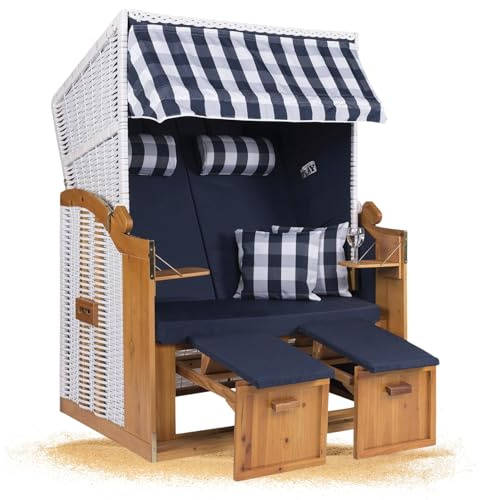 Strandkorb Hanse Strandkorb Ostsee XXL Volllieger Weiß Blau - 2-Sitzer 120cm breit, ideal für Garten, Terrasse und Balkon (Weiß Blau Uni, Zerlegt)