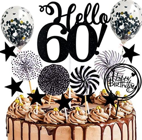 Conruich Tortendeko 60. Geburtstag Mann, Kuchen Topper Happy Birthday Schwarz, Glitzer Hello Cake Topper mit Luftballons Konfetti und Papierfächer für 60 Jahre Geburtstag Party Dekoration